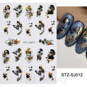 3D Fall Nail Stickers Gold Leaf Cotton Flowers Transfer Decals Nail Adhesive Sliders Manicure 2022 Autumn Decorations TRSTZ-SJ