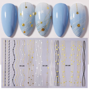 1pc Gold Silver 3D Nail Stickers Metal Black Geometric Tassel Strip Line Adhesive Transfer Decals Nail Art DIY Design Decoration