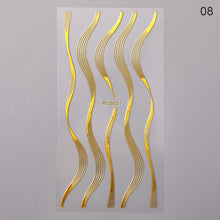 Load image into Gallery viewer, 1pc Gold Silver 3D Nail Stickers Metal Black Geometric Tassel Strip Line Adhesive Transfer Decals Nail Art DIY Design Decoration