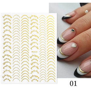 1PC Silver Gold Lines Stripe 3D Nail Sticker Geometric Waved Star Heart Self Adhesive Slider Papers Nail Art Transfer Stickers
