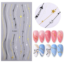 Load image into Gallery viewer, 1pc Gold Silver 3D Nail Stickers Metal Black Geometric Tassel Strip Line Adhesive Transfer Decals Nail Art DIY Design Decoration
