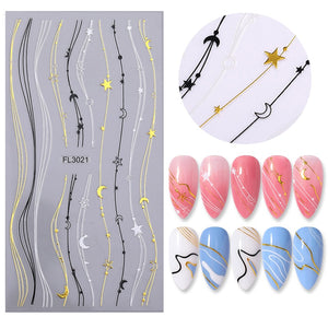 1pc Gold Silver 3D Nail Stickers Metal Black Geometric Tassel Strip Line Adhesive Transfer Decals Nail Art DIY Design Decoration