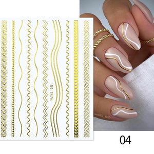 1PC Silver Gold Lines Stripe 3D Nail Sticker Geometric Waved Star Heart Self Adhesive Slider Papers Nail Art Transfer Stickers