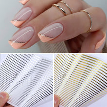 Load image into Gallery viewer, 1pc Gold Silver 3D Nail Stickers Metal Black Geometric Tassel Strip Line Adhesive Transfer Decals Nail Art DIY Design Decoration