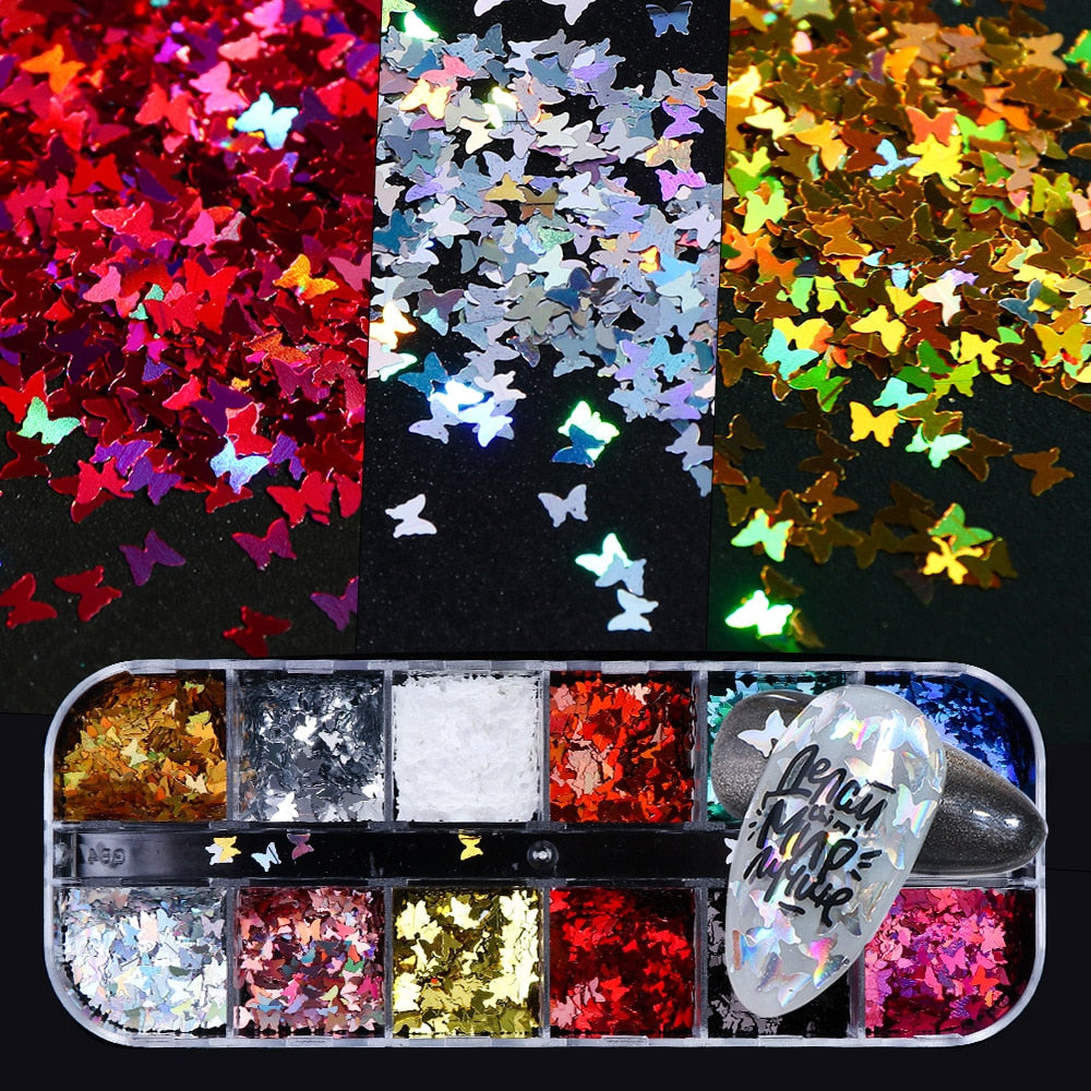 Holographic Butterfly Flakes Nail Art Glitter Sparkly 3D Laser Butterfly Sequins Tips DIY Polish Nail Art Decorations Manicure