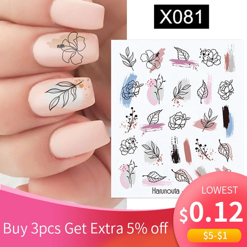 Harunouta Black Lines Flower Leaves Water Decals Stickers Floral Face Marble Pattern Slider For Nails Summer Nail Art Decoration