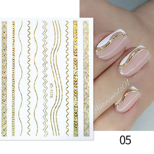 1PC Silver Gold Lines Stripe 3D Nail Sticker Geometric Waved Star Heart Self Adhesive Slider Papers Nail Art Transfer Stickers