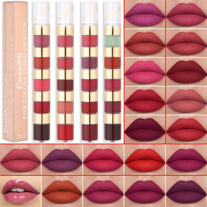 5 In 1 Matte Lipstick Velvet Sexy Red Lip Tint Long Lasting Non-stick Cup Lip Gloss Set Lip Oil Female Makeup Cosmetic Kit