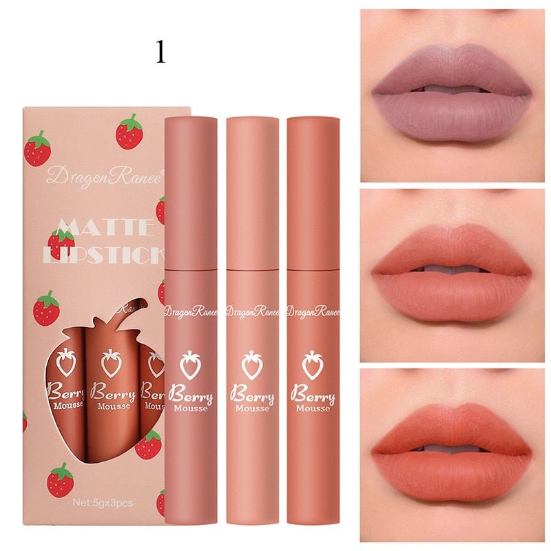 3 Pcs Sweet Liquid Lipstick Set Matte Velvet Lip Glaze Waterproof Long Lasting Non-marking Natural Lip Tint Cosmetic Kit YZL1