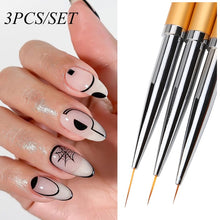 Load image into Gallery viewer, 3Pcs French Stripe Nail Art Liner Brush Set 3D Tips Line Stripes DIY Drawing Pen UV Gel Brushes Painting Pen Manicure Tools
