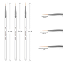 Load image into Gallery viewer, 3Pcs French Stripe Nail Art Liner Brush Set 3D Tips Line Stripes DIY Drawing Pen UV Gel Brushes Painting Pen Manicure Tools
